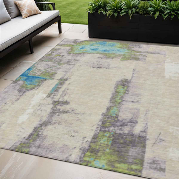 5' X 8' Linen And Fern Green Abstract Washable Indoor Outdoor Area Rug