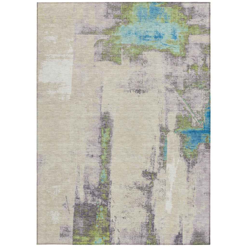 5' X 8' Linen And Fern Green Abstract Washable Indoor Outdoor Area Rug