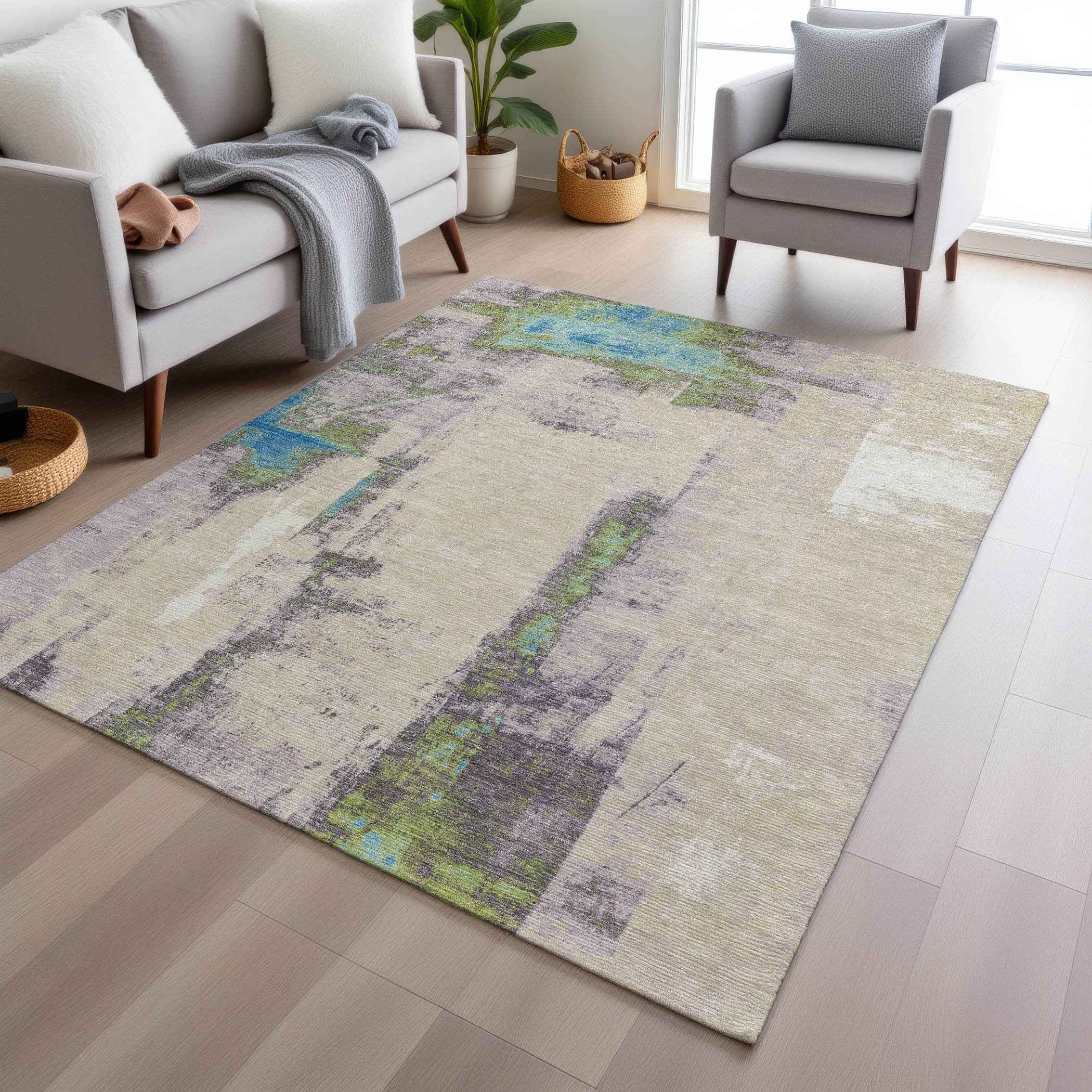 5' X 8' Linen And Fern Green Abstract Washable Indoor Outdoor Area Rug