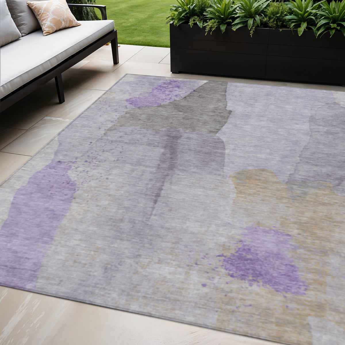 5' X 8' Lavender And Gray Abstract Washable Indoor Outdoor Area Rug