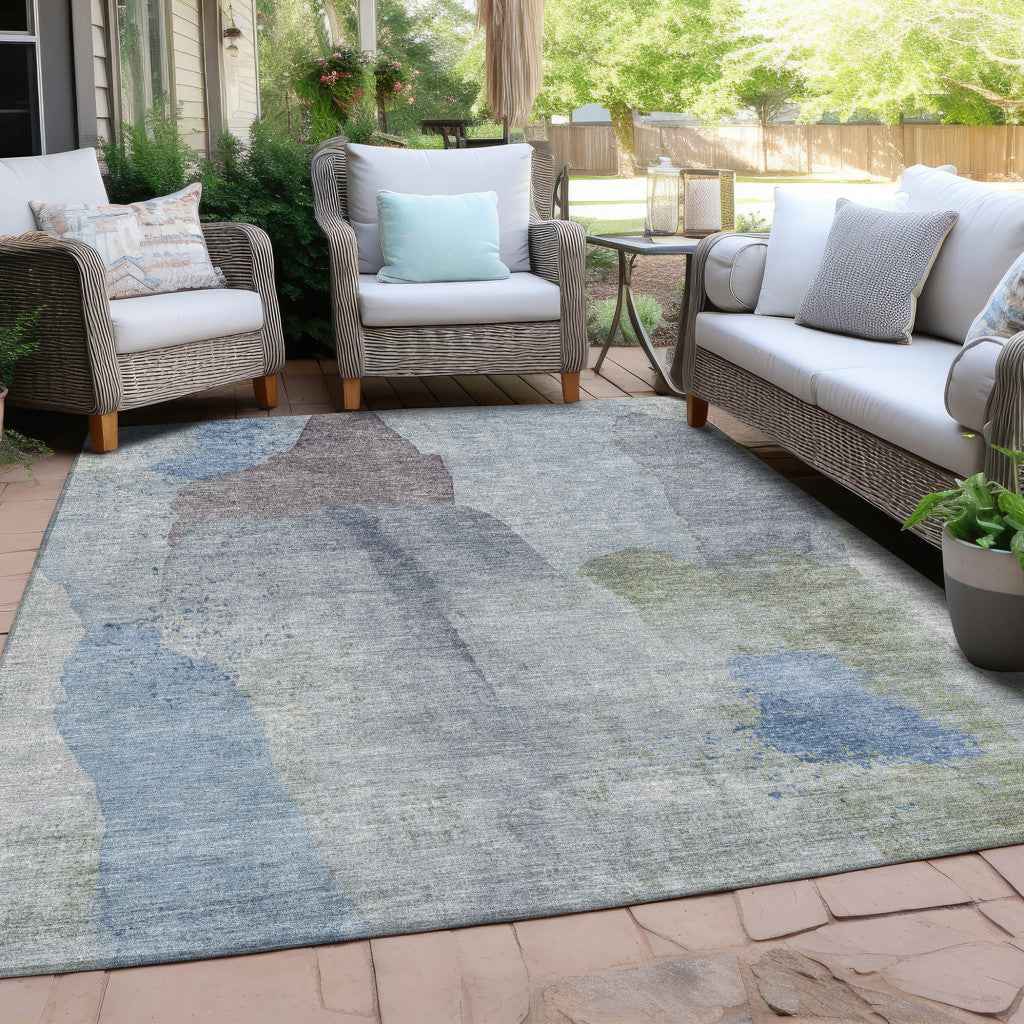 8' X 10' Denim Blue And Gray Abstract Washable Indoor Outdoor Area Rug