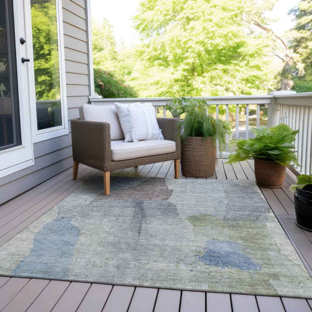 8' X 10' Denim Blue And Gray Abstract Washable Indoor Outdoor Area Rug