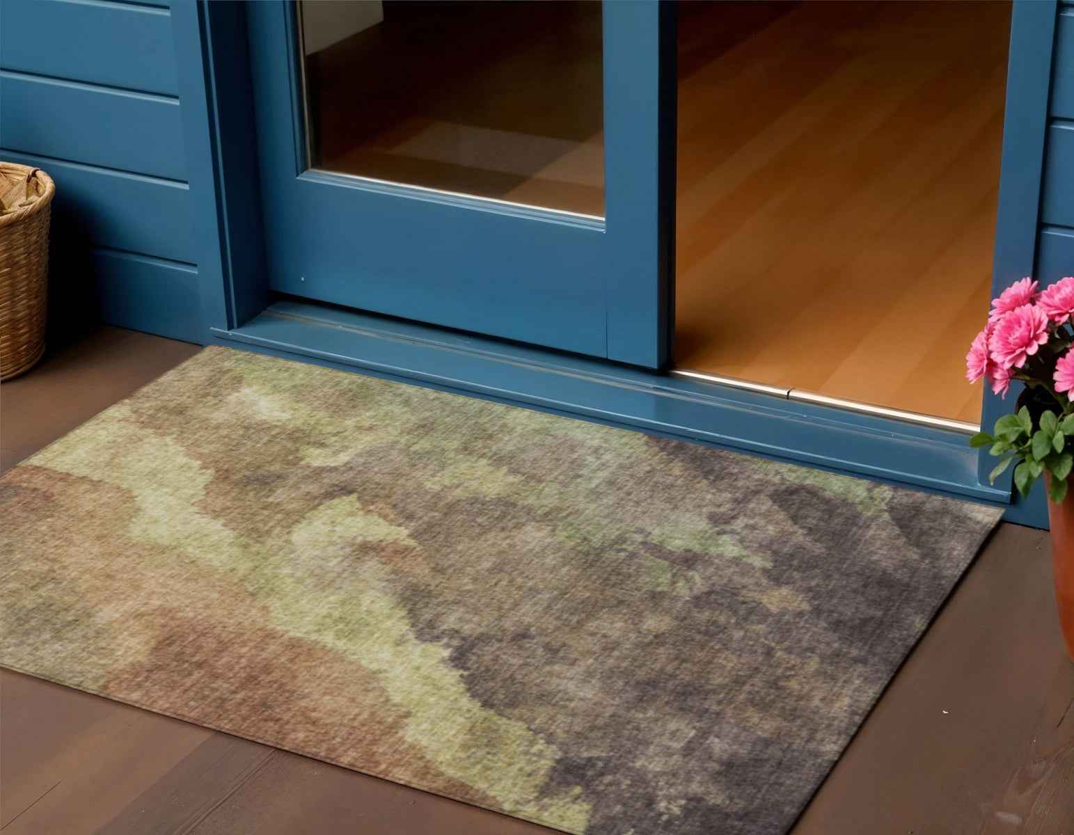 3' X 5' Brown And Fern Green Abstract Washable Indoor Outdoor Area Rug