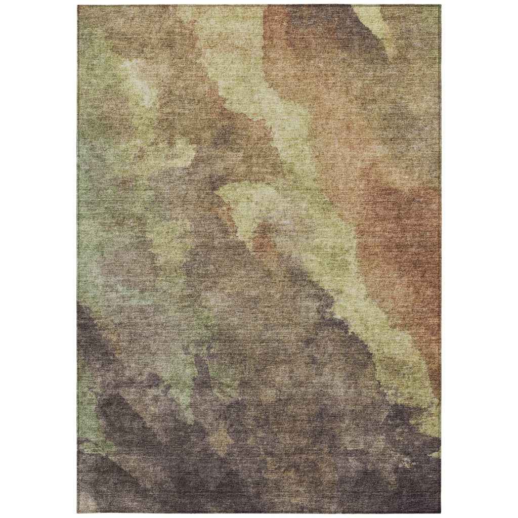 3' X 5' Brown And Fern Green Abstract Washable Indoor Outdoor Area Rug