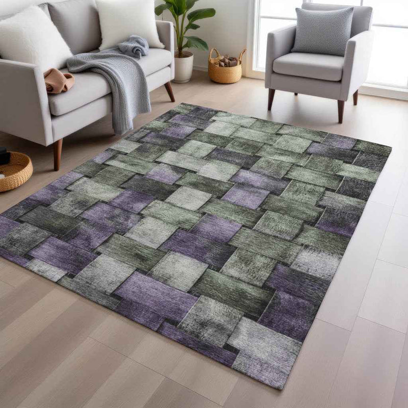 3' X 5' Sage And Purple Striped Washable Indoor Outdoor Area Rug