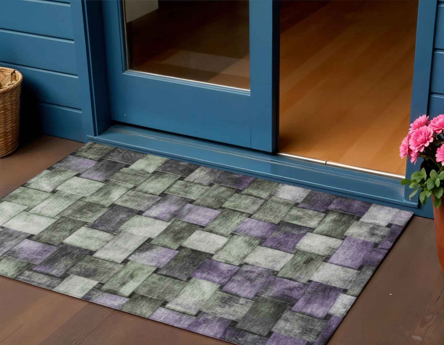 3' X 5' Sage And Purple Striped Washable Indoor Outdoor Area Rug