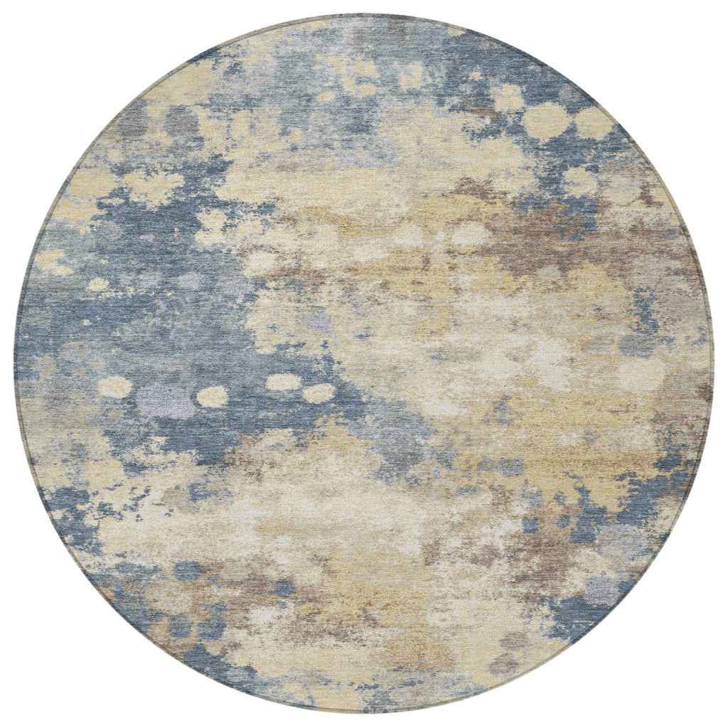 8' Gold And Beige Round Abstract Washable Indoor Outdoor Area Rug