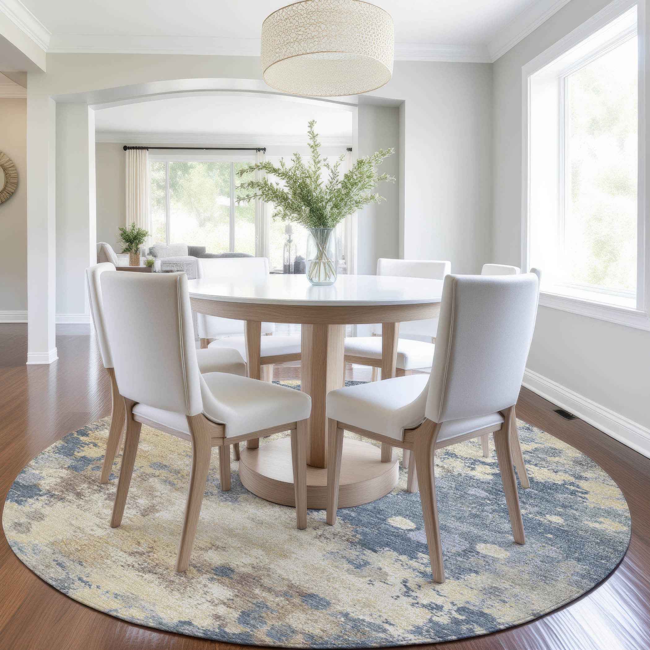 8' Gold And Beige Round Abstract Washable Indoor Outdoor Area Rug