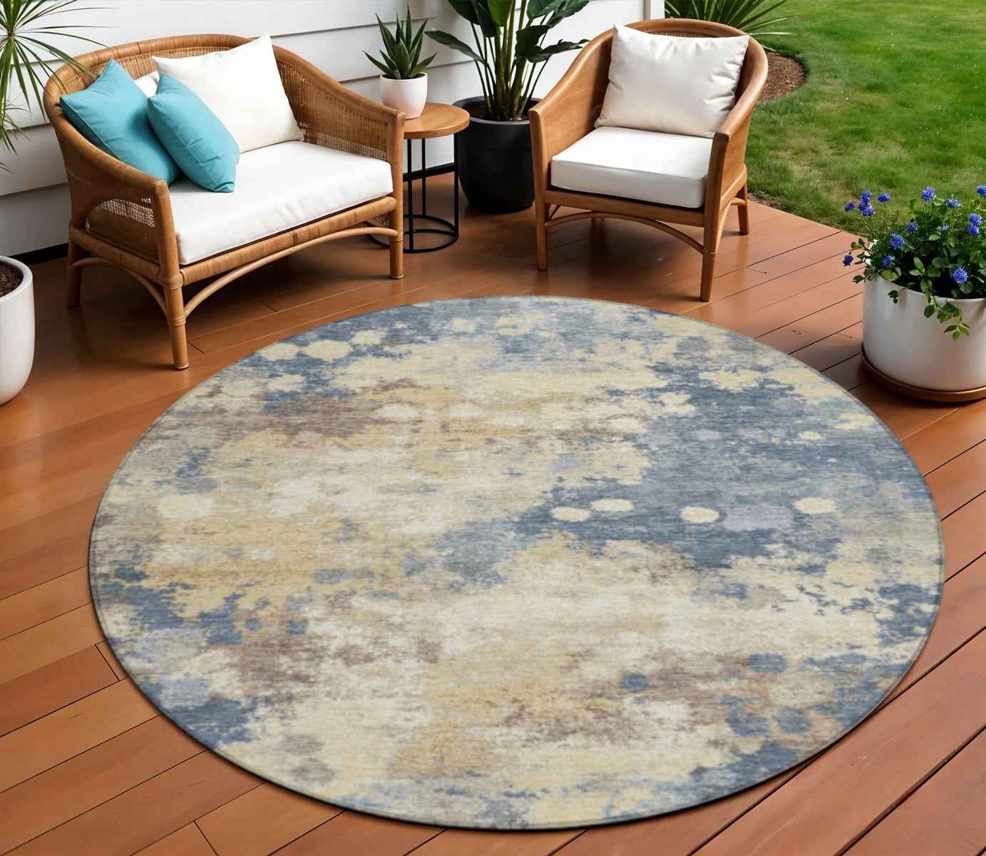 8' Gold And Beige Round Abstract Washable Indoor Outdoor Area Rug