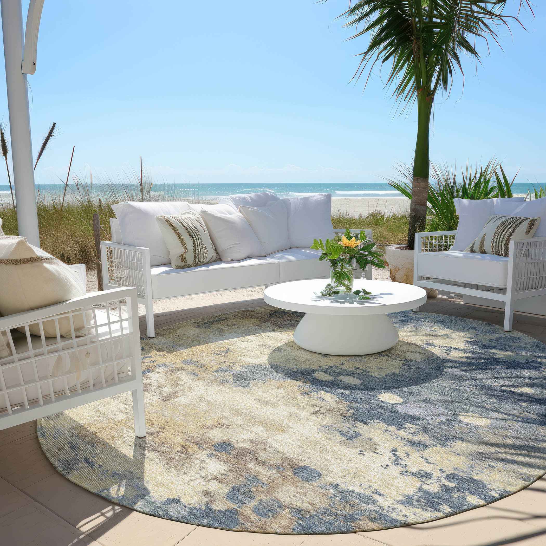 8' Gold And Beige Round Abstract Washable Indoor Outdoor Area Rug