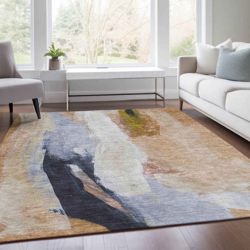 9' X 12' Beige And Navy Blue Abstract Washable Indoor Outdoor Area Rug
