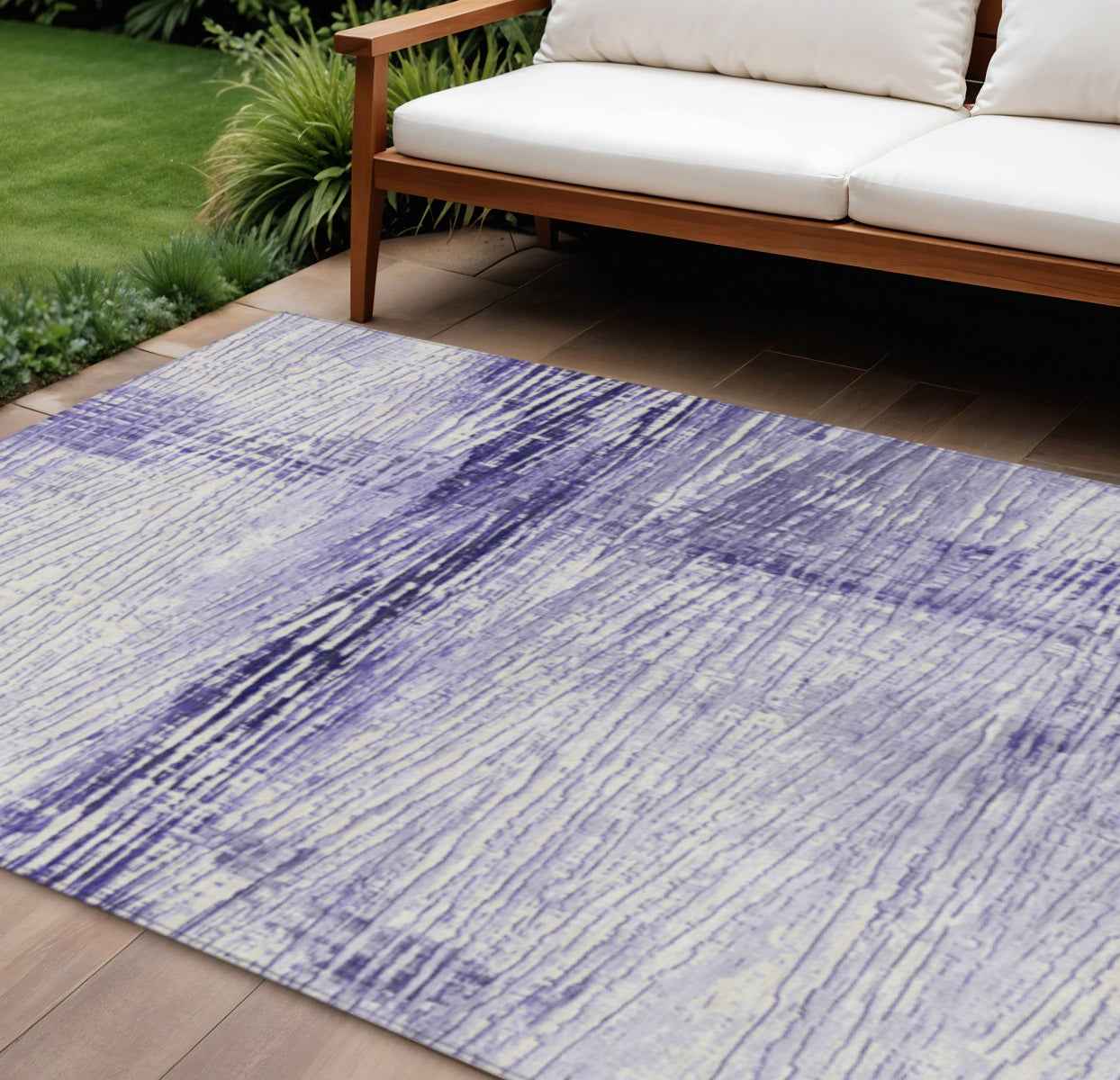 9' X 12' Lavender And Ivory Striped Washable Indoor Outdoor Area Rug