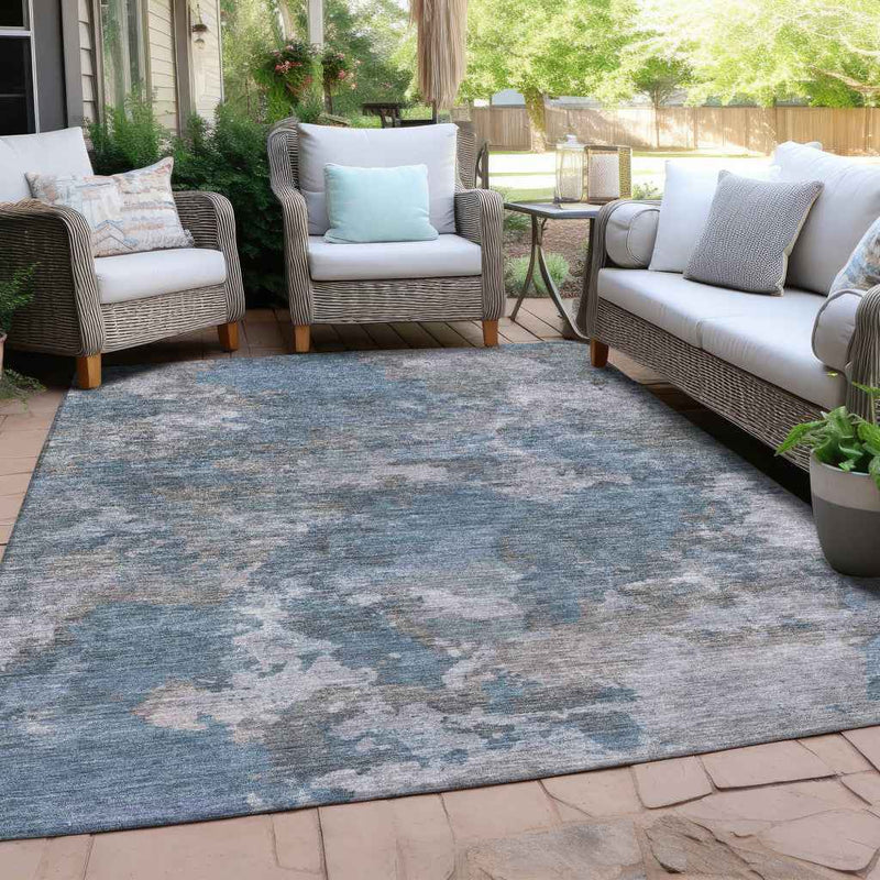 8' X 10' Denim Blue And Gray Abstract Washable Indoor Outdoor Area Rug