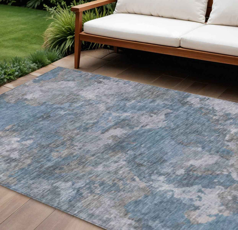 8' X 10' Denim Blue And Gray Abstract Washable Indoor Outdoor Area Rug