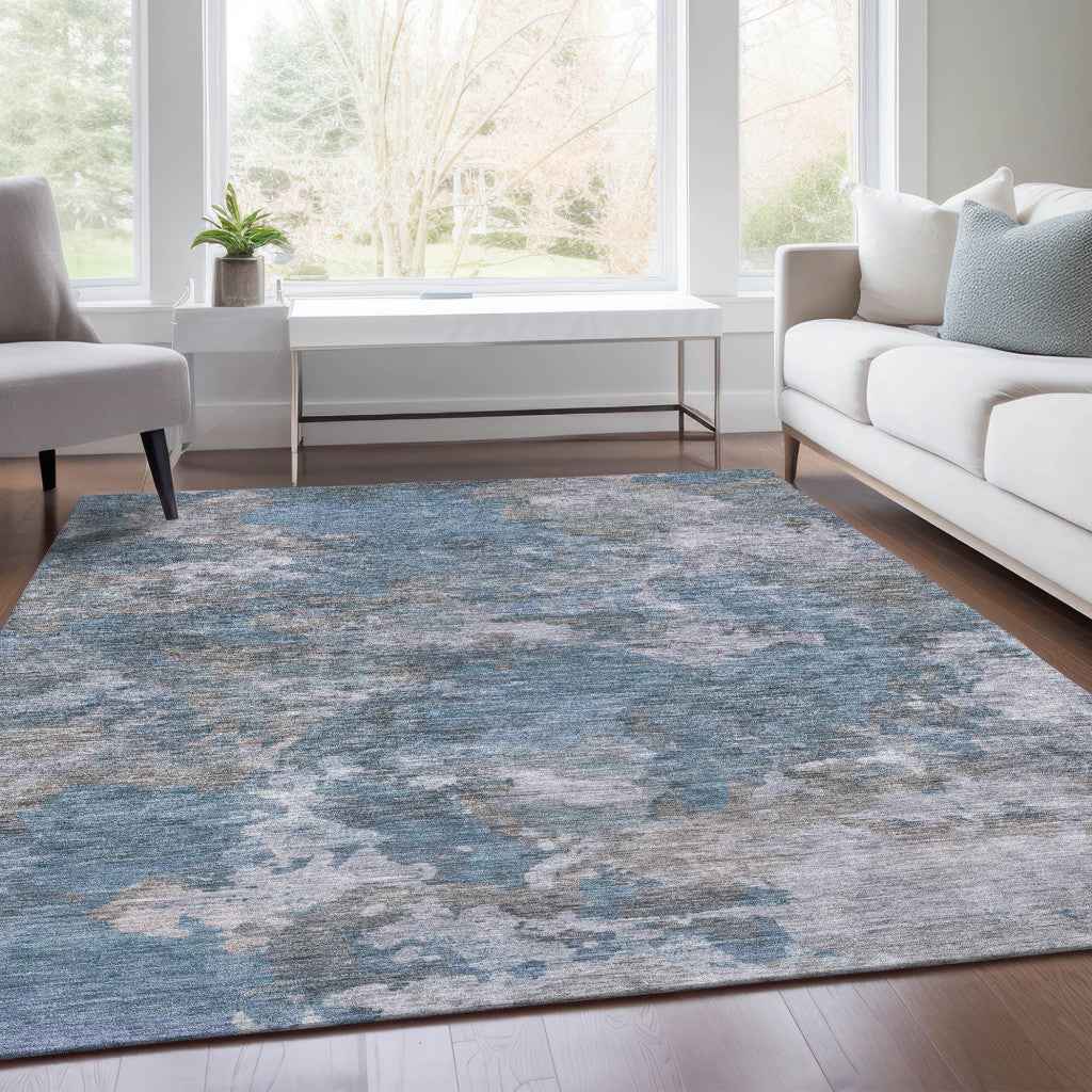 8' X 10' Denim Blue And Gray Abstract Washable Indoor Outdoor Area Rug