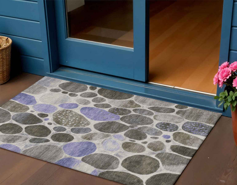 3' X 5' Chocolate Ivory And Purple Geometric Washable Indoor Outdoor Area Rug