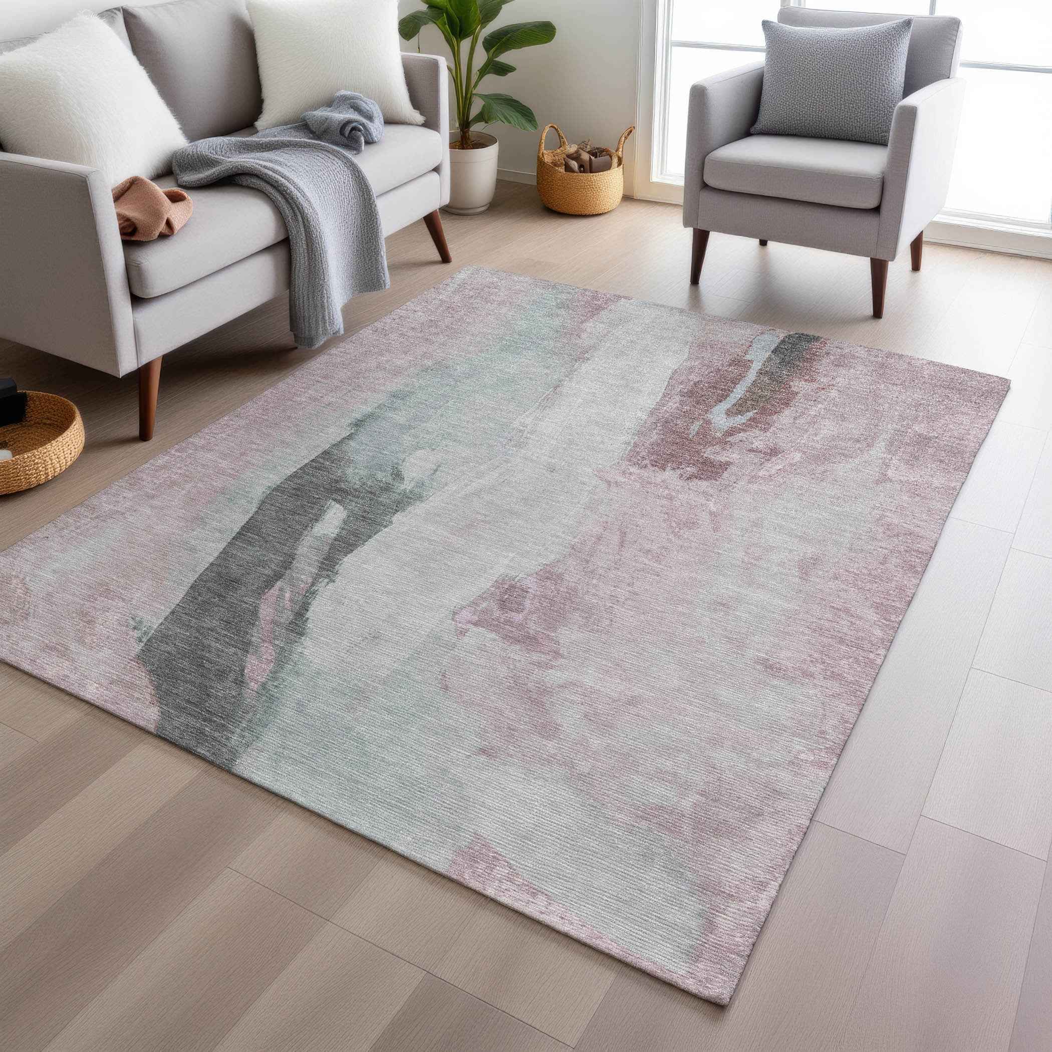 8' X 10' Blush And Gray Abstract Washable Indoor Outdoor Area Rug