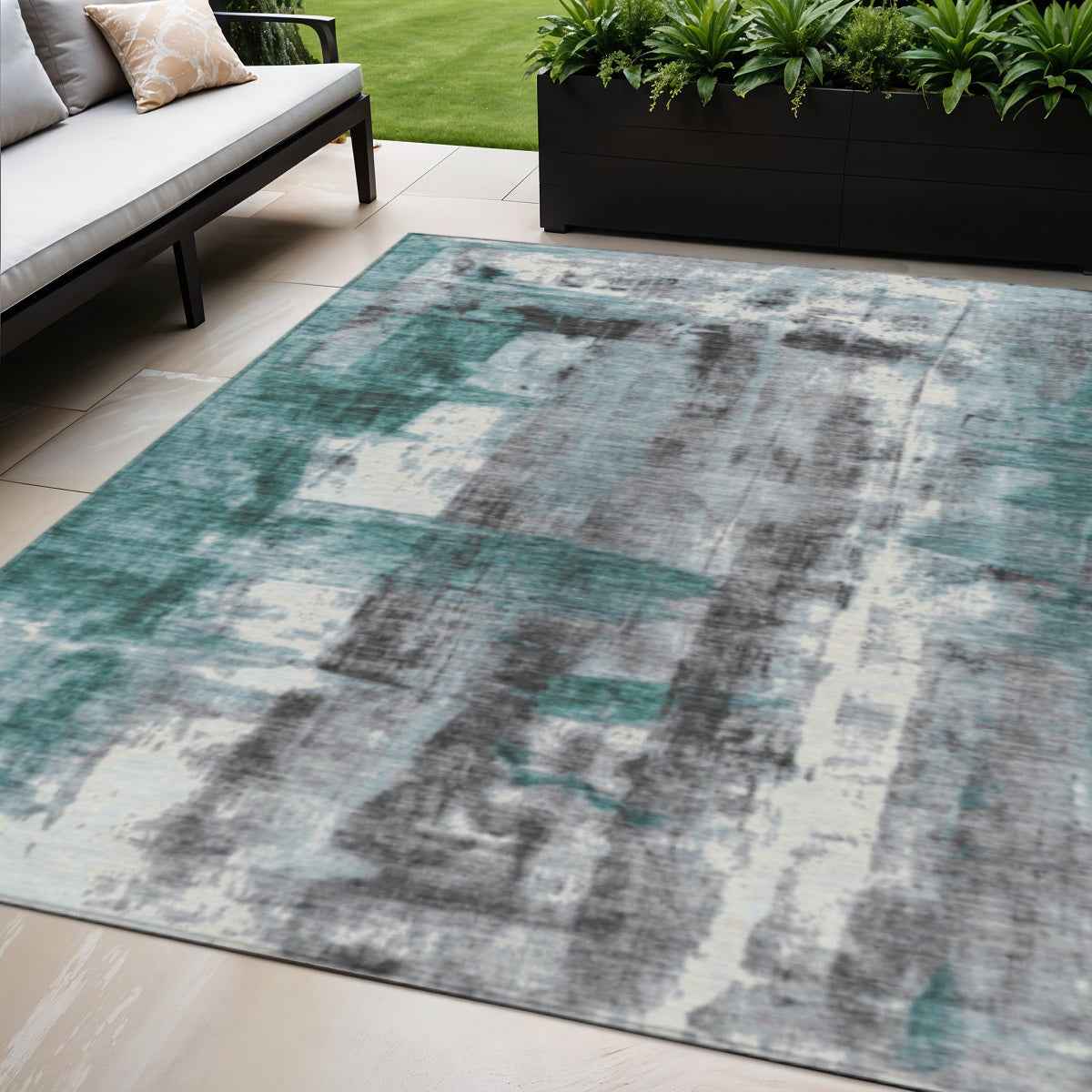 5' X 8' Teal Blue And Ivory Abstract Washable Indoor Outdoor Area Rug