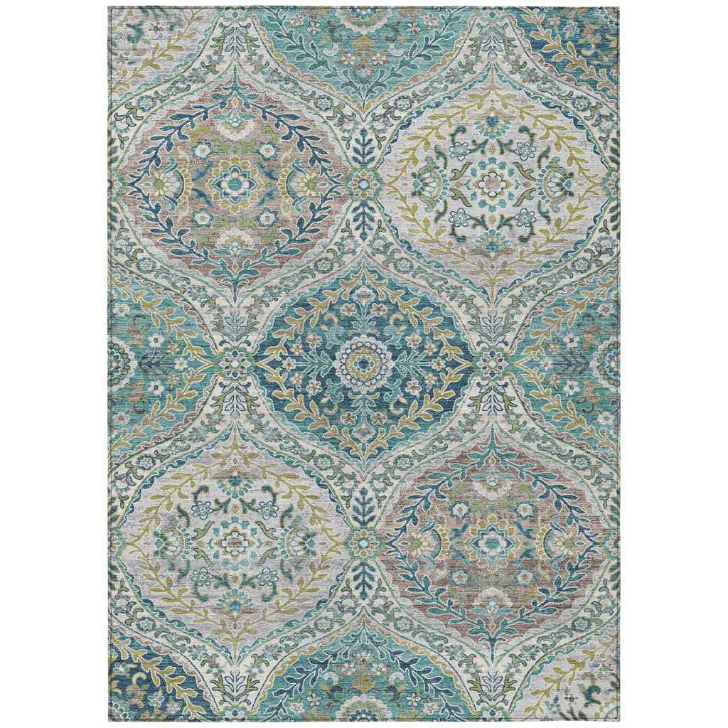 9' X 12' Teal Blue Fern Green And Beige Floral Washable Indoor Outdoor Area Rug