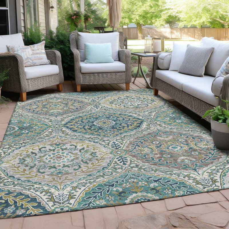 9' X 12' Teal Blue Fern Green And Beige Floral Washable Indoor Outdoor Area Rug