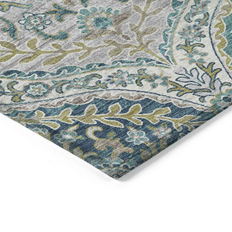 9' X 12' Teal Blue Fern Green And Beige Floral Washable Indoor Outdoor Area Rug