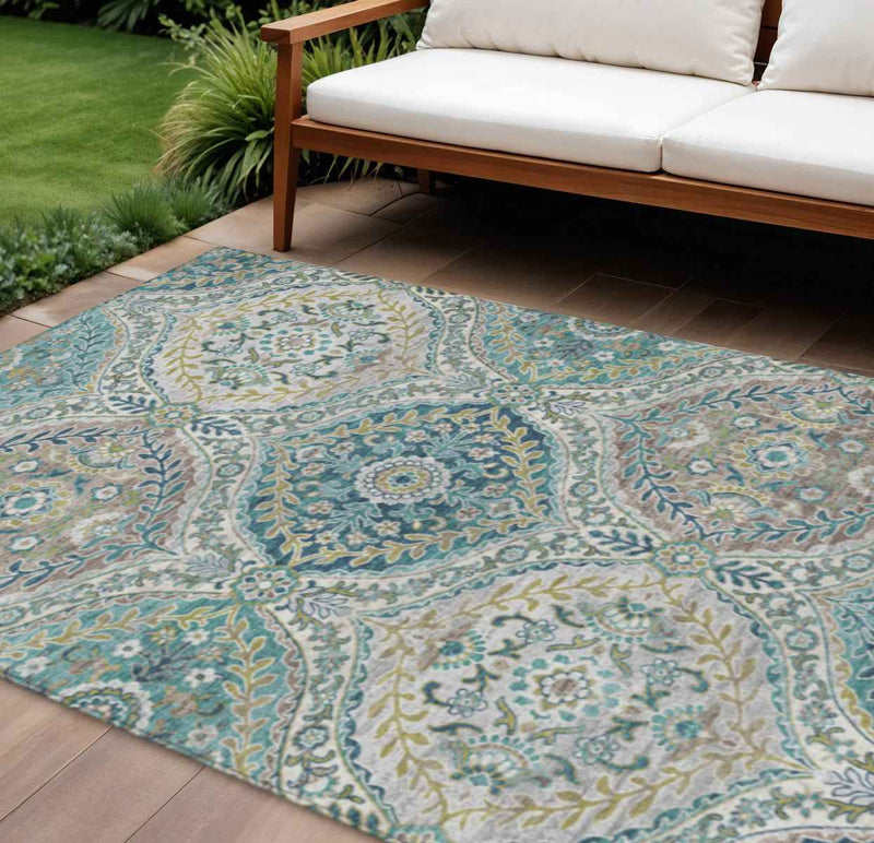 9' X 12' Teal Blue Fern Green And Beige Floral Washable Indoor Outdoor Area Rug