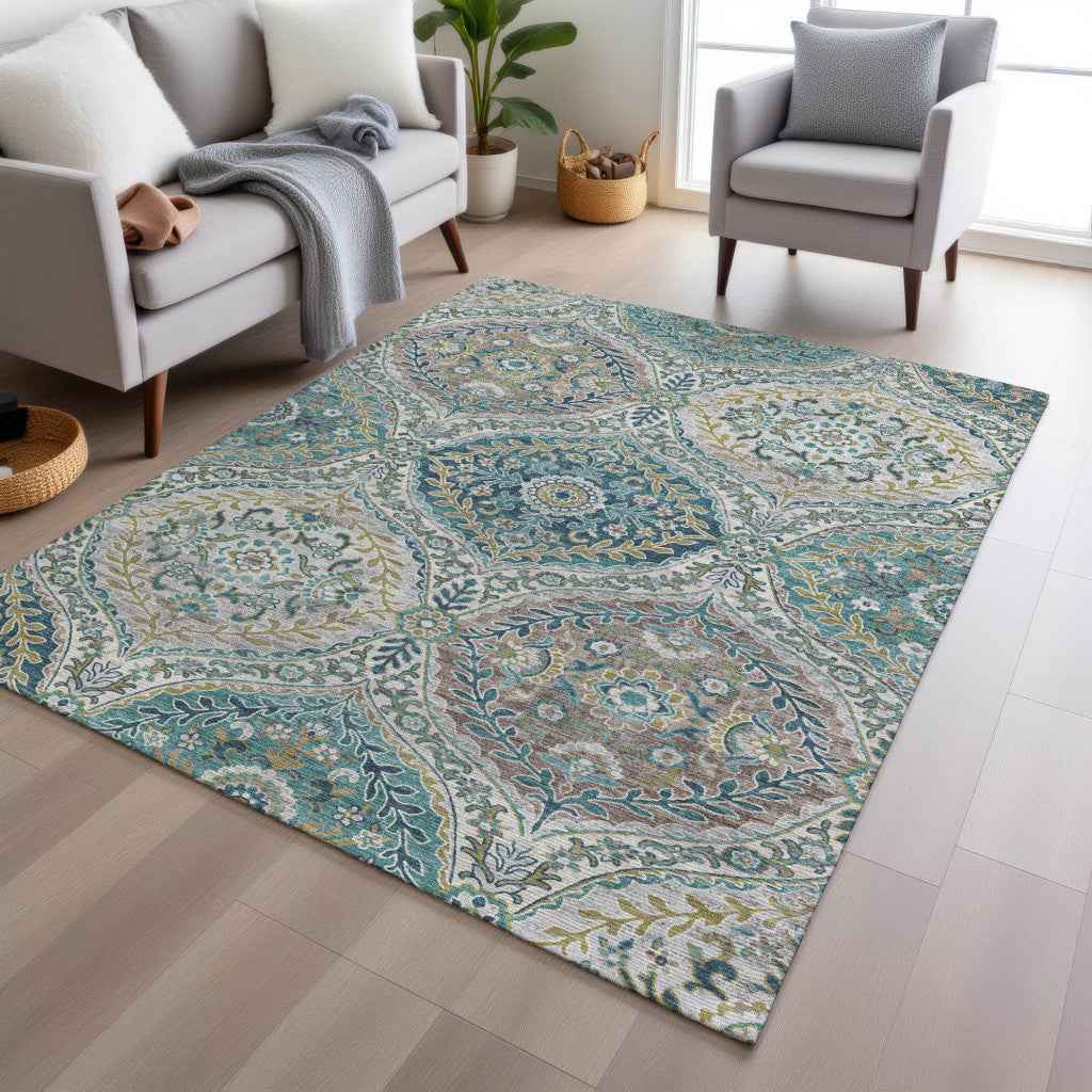 9' X 12' Teal Blue Fern Green And Beige Floral Washable Indoor Outdoor Area Rug