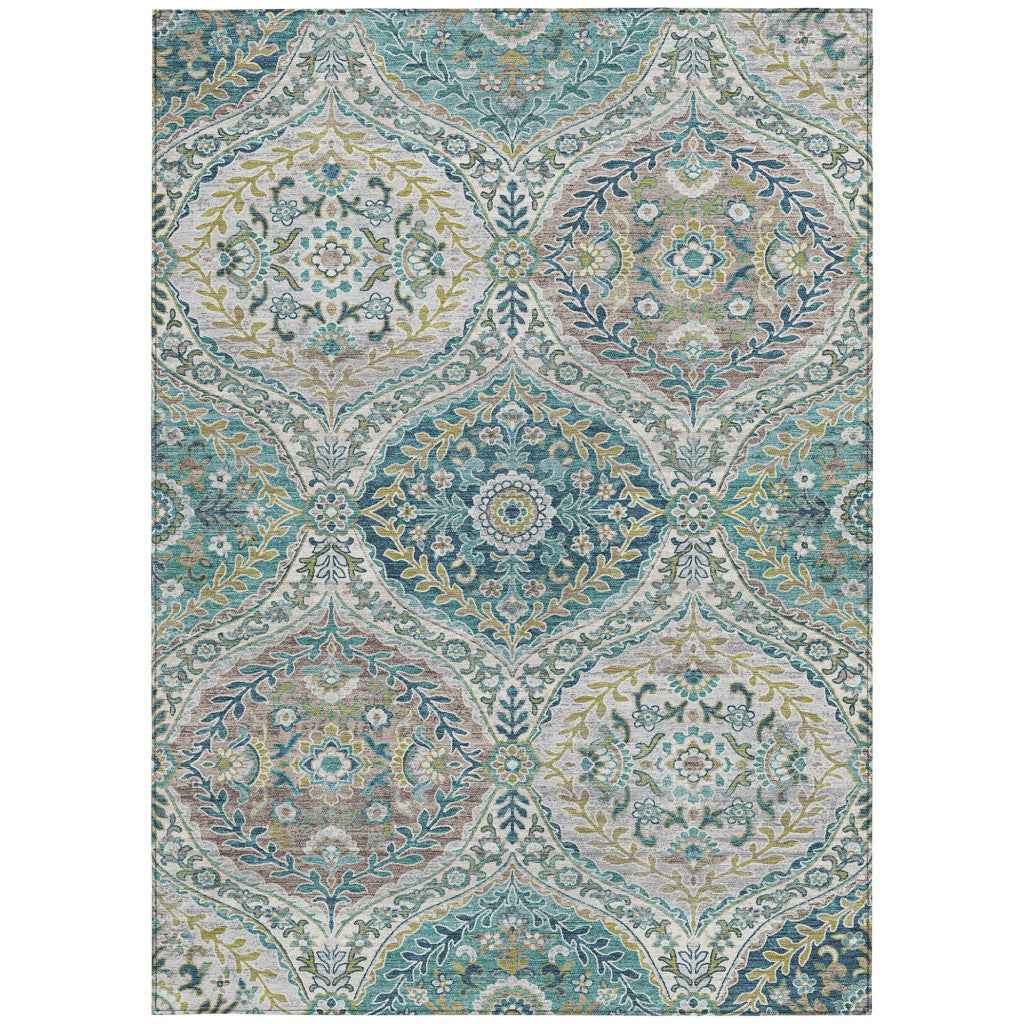 9' X 12' Teal Blue Fern Green And Beige Floral Washable Indoor Outdoor Area Rug
