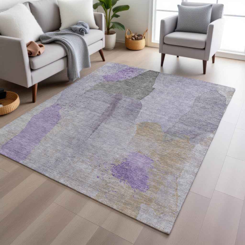 9' X 12' Lavender And Gray Abstract Washable Indoor Outdoor Area Rug