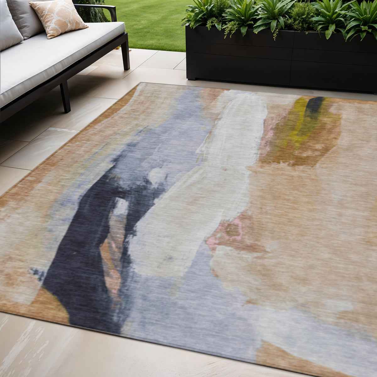 5' X 8' Beige And Navy Blue Abstract Washable Indoor Outdoor Area Rug