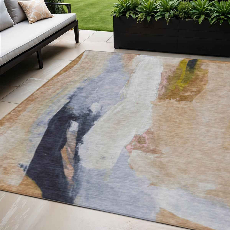 5' X 8' Beige And Navy Blue Abstract Washable Indoor Outdoor Area Rug