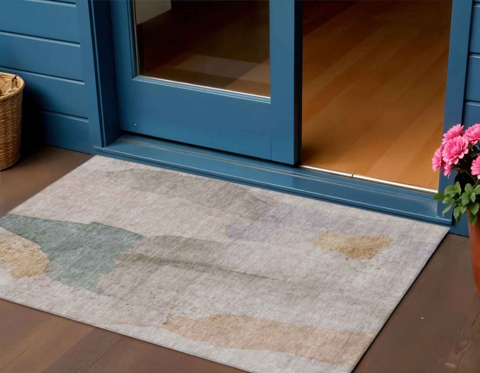 3' X 5' Copper And Pale Aqua Abstract Washable Indoor Outdoor Area Rug