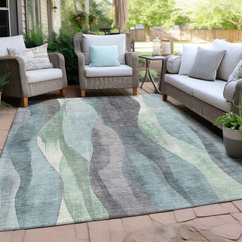5' X 8' Teal Blue And Fern Green Abstract Washable Indoor Outdoor Area Rug