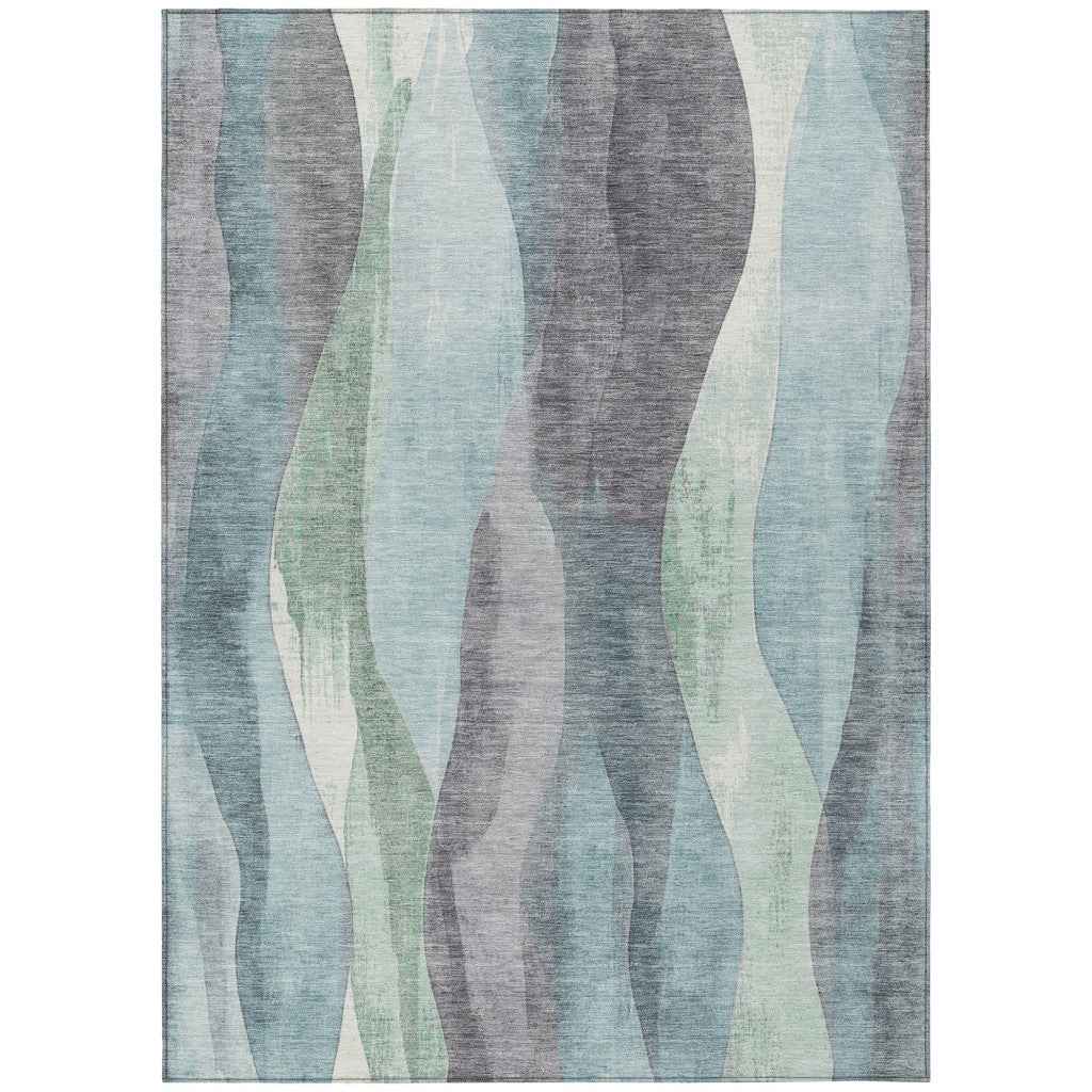 5' X 8' Teal Blue And Fern Green Abstract Washable Indoor Outdoor Area Rug
