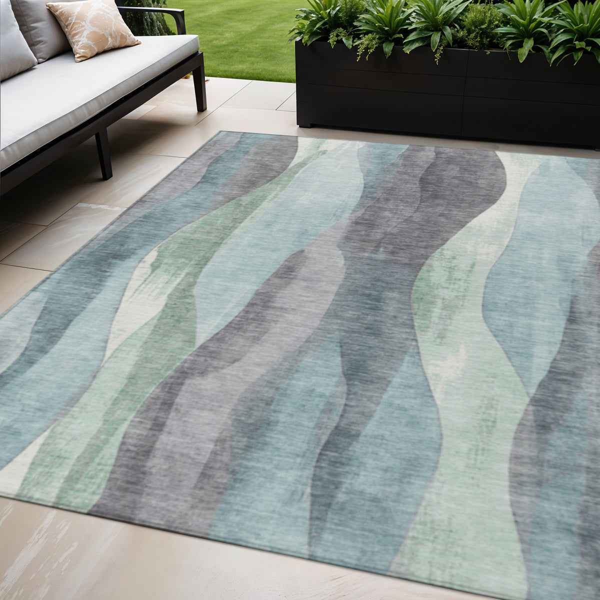 5' X 8' Teal Blue And Fern Green Abstract Washable Indoor Outdoor Area Rug