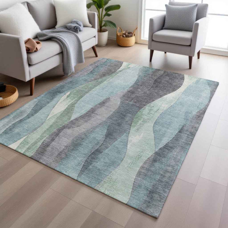 5' X 8' Teal Blue And Fern Green Abstract Washable Indoor Outdoor Area Rug