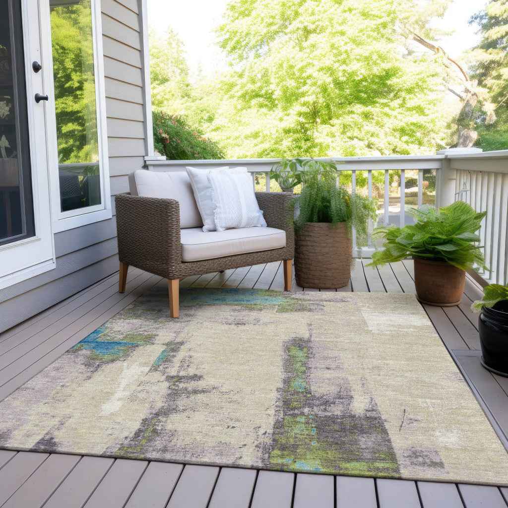 3' X 5' Linen And Fern Green Abstract Washable Indoor Outdoor Area Rug