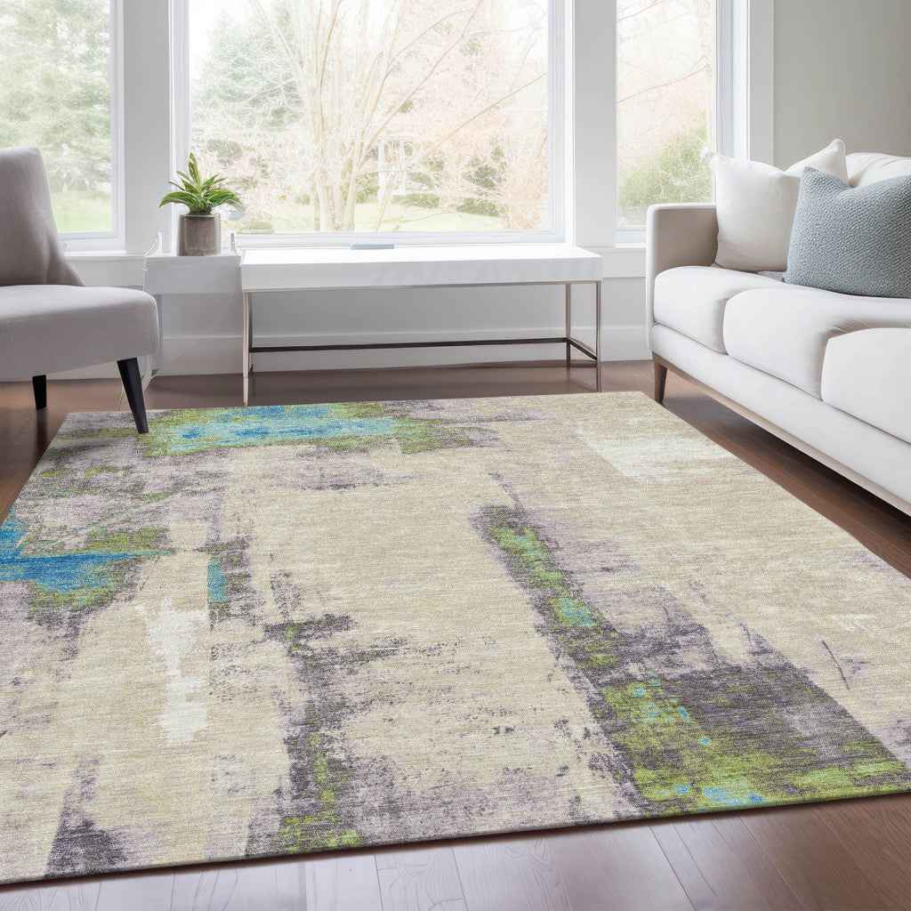 3' X 5' Linen And Fern Green Abstract Washable Indoor Outdoor Area Rug