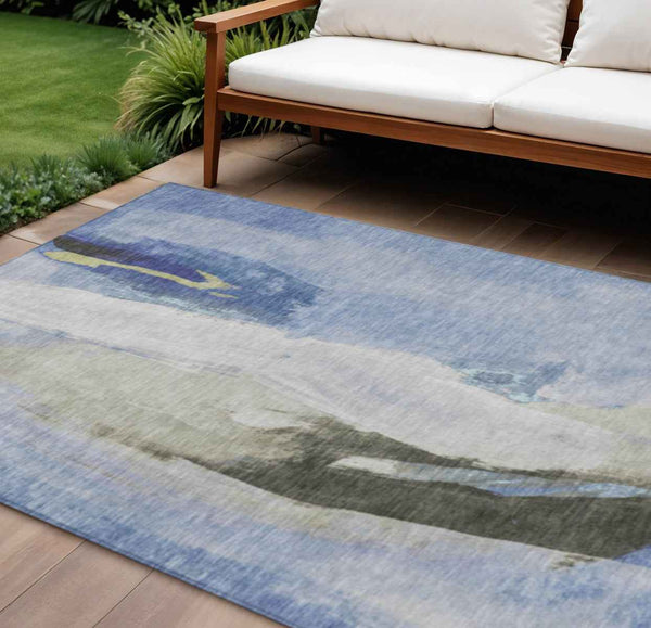 10' X 14' Denim Blue And Gray Abstract Washable Indoor Outdoor Area Rug