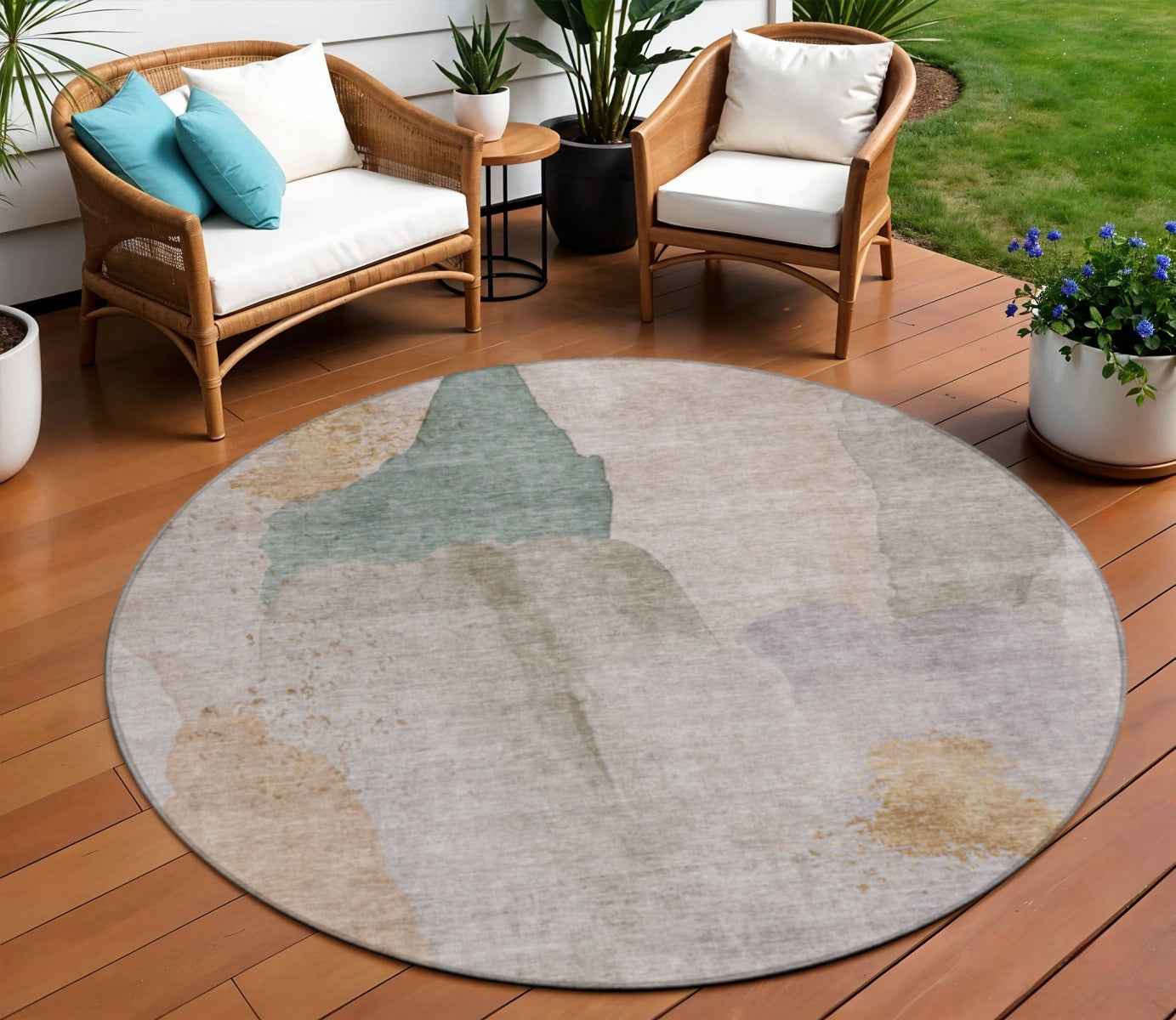 8' Copper And Pale Aqua Round Abstract Washable Indoor Outdoor Area Rug