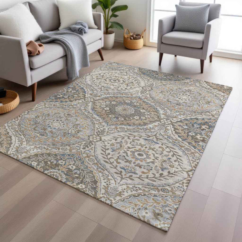 3' X 5' Beige Gold And Denim Blue Floral Washable Indoor Outdoor Area Rug