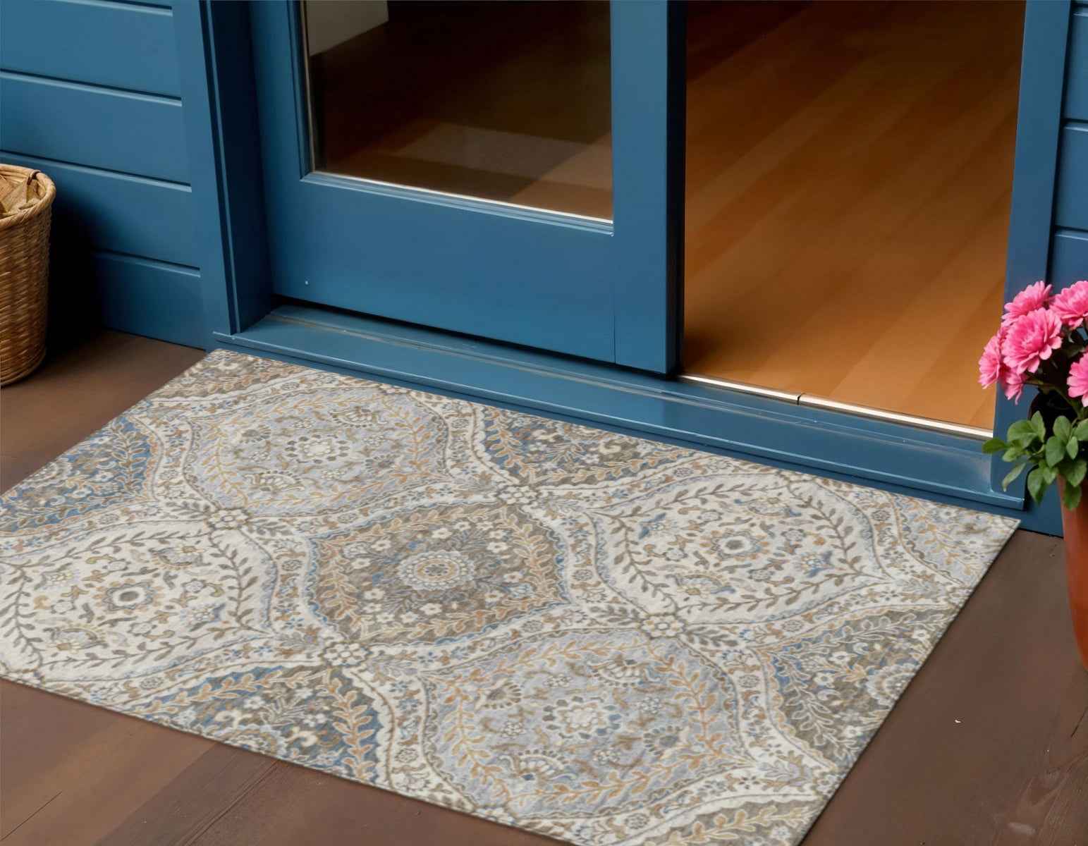 3' X 5' Beige Gold And Denim Blue Floral Washable Indoor Outdoor Area Rug