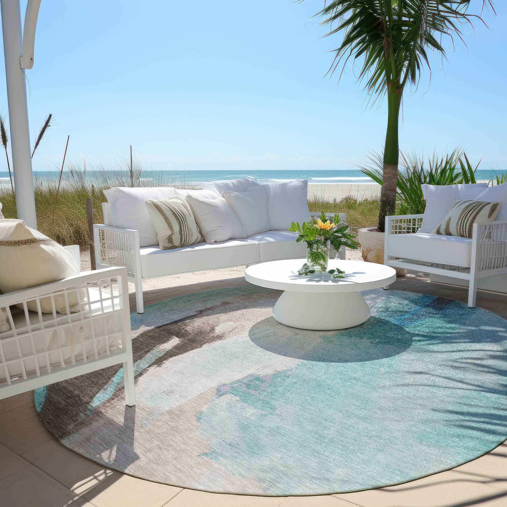 8' Teal Blue And Brown Round Abstract Washable Indoor Outdoor Area Rug