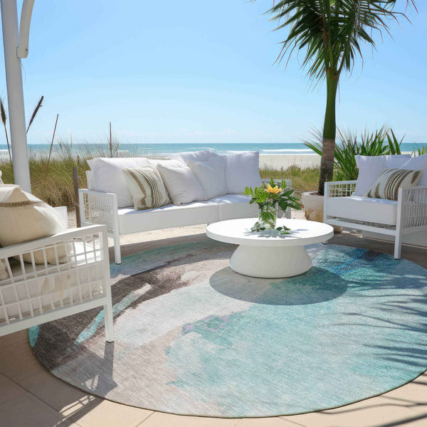 8' Teal Blue And Brown Round Abstract Washable Indoor Outdoor Area Rug