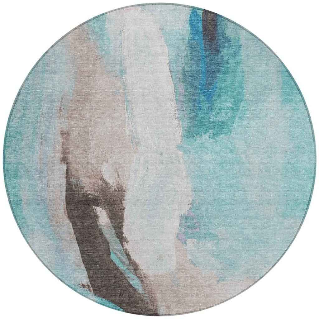 8' Teal Blue And Brown Round Abstract Washable Indoor Outdoor Area Rug