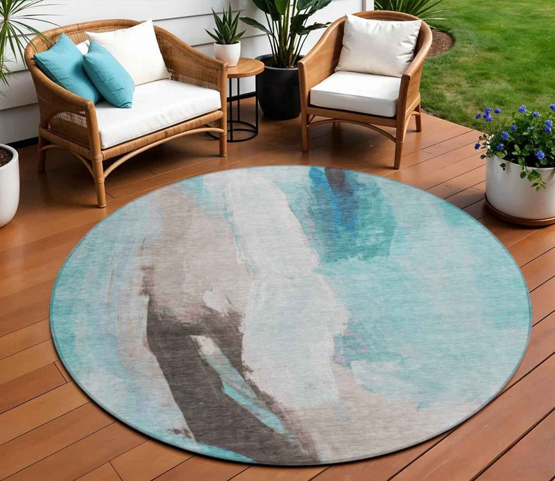 8' Teal Blue And Brown Round Abstract Washable Indoor Outdoor Area Rug