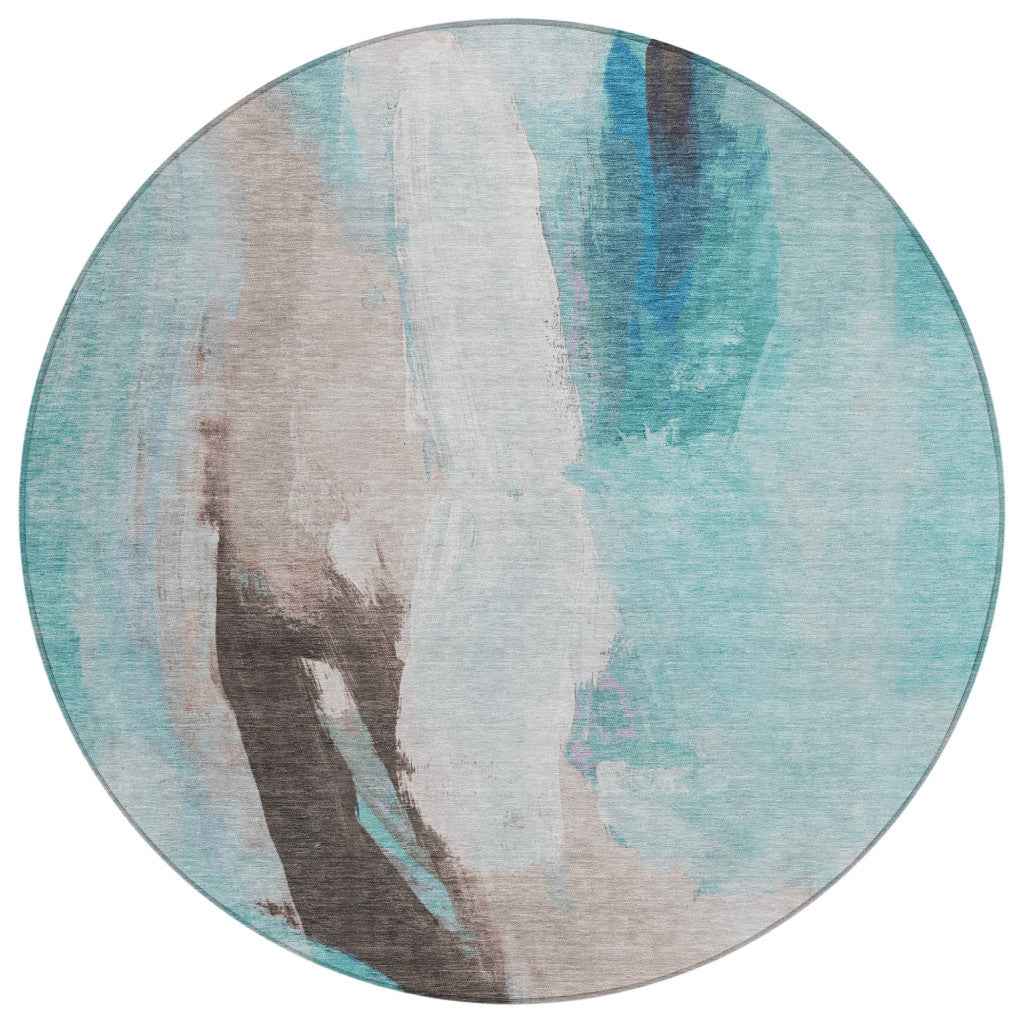 8' Teal Blue And Brown Round Abstract Washable Indoor Outdoor Area Rug