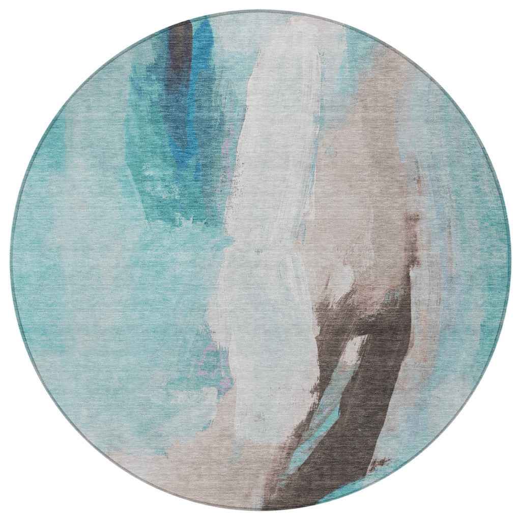8' Teal Blue And Brown Round Abstract Washable Indoor Outdoor Area Rug