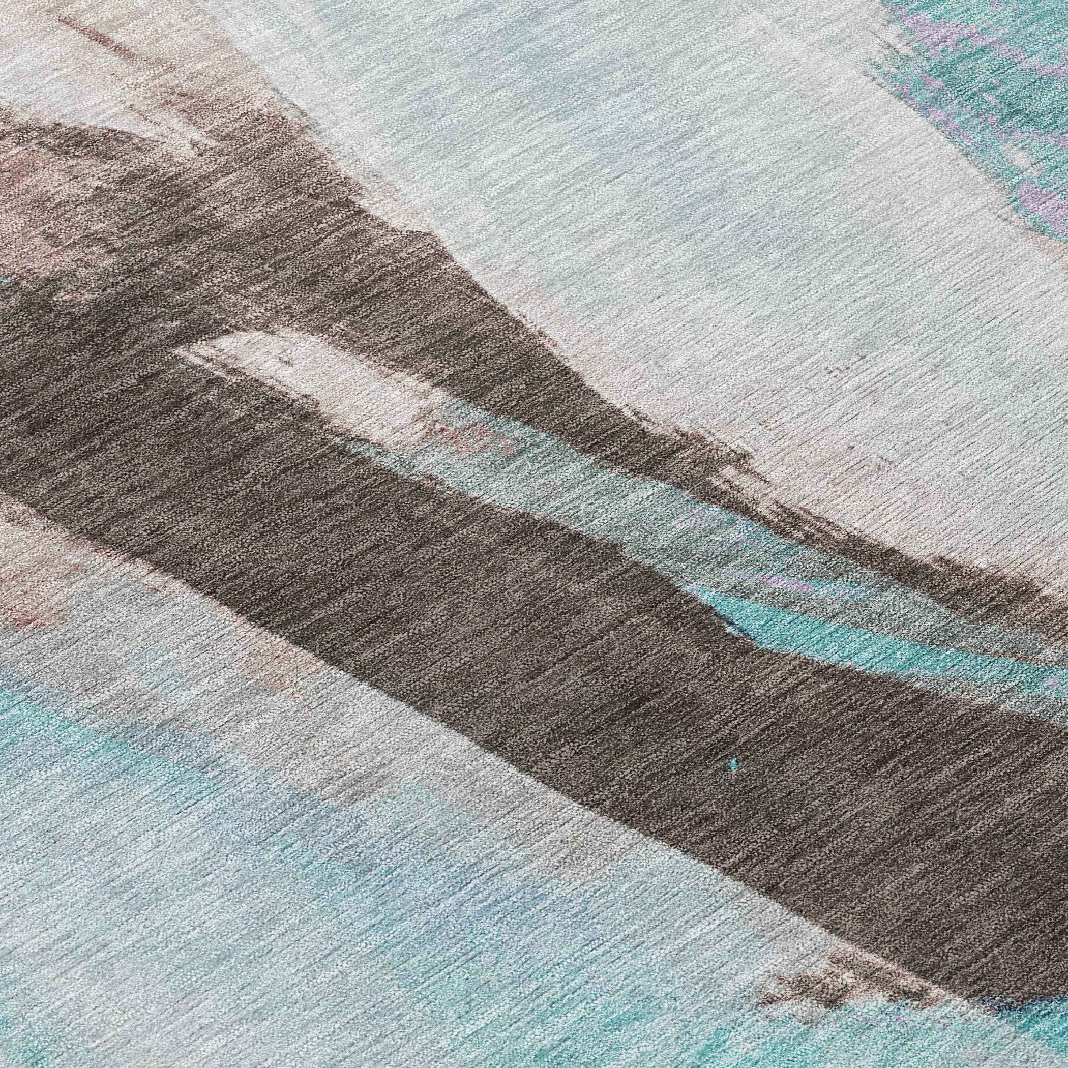 8' Teal Blue And Brown Round Abstract Washable Indoor Outdoor Area Rug