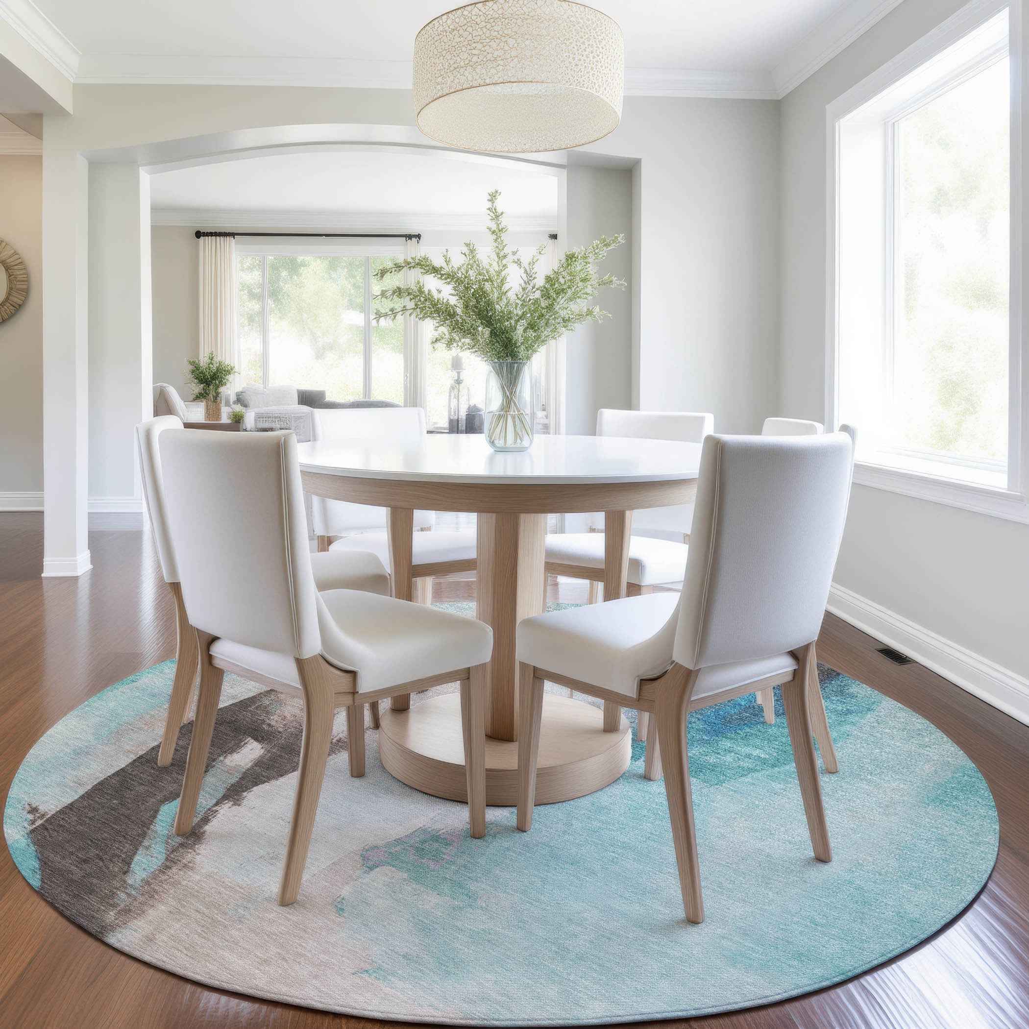 8' Teal Blue And Brown Round Abstract Washable Indoor Outdoor Area Rug